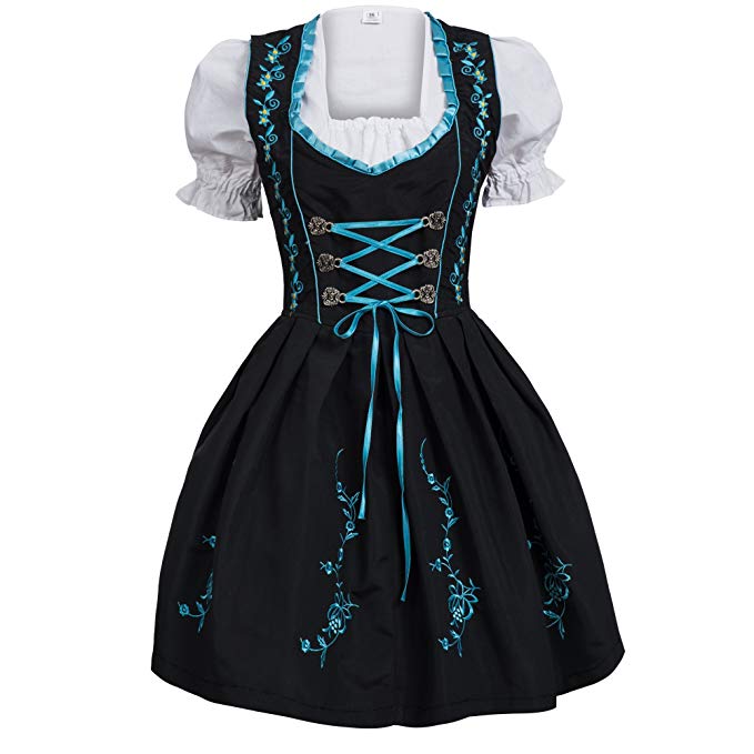 Heflashor Damen Dirndl Kleid Midi Trachtenkleid Set 3 teilig mit Bluse Kleider und Schürze,Bayerische Traditionelles Kleid Biermädchen Karnevalskostüme 